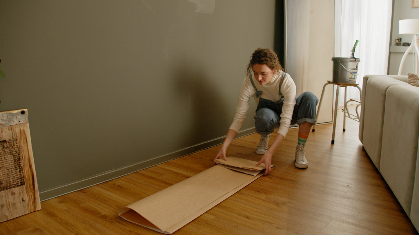 Workmat, die nachhaltige Alternative ohne Folie zum Abdeckvlies wird von einer Frau nach dem Malern platzsparend zusammengefaltet zur weiteren Aufbewahrung